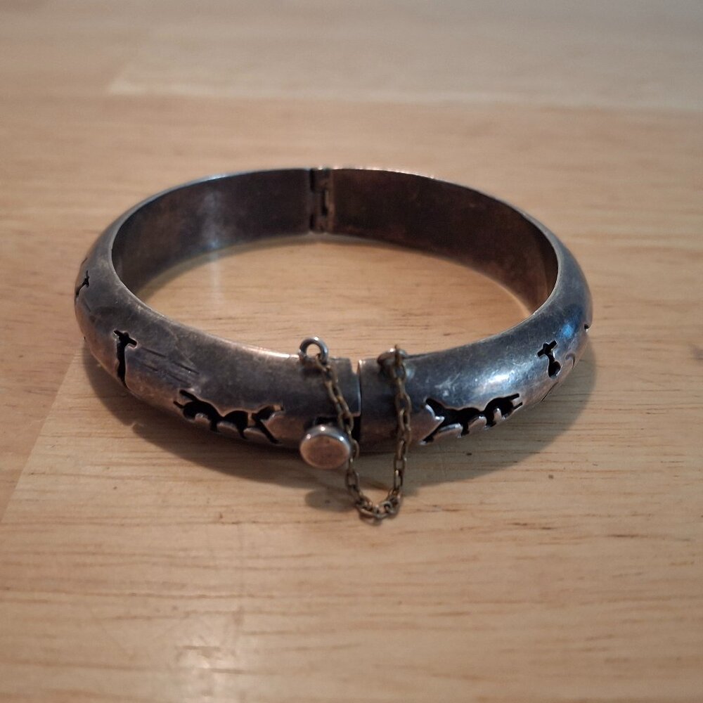 MEXICO 925 Sterling Silver Vintage Oxidized Cutout Bangle Bracelet